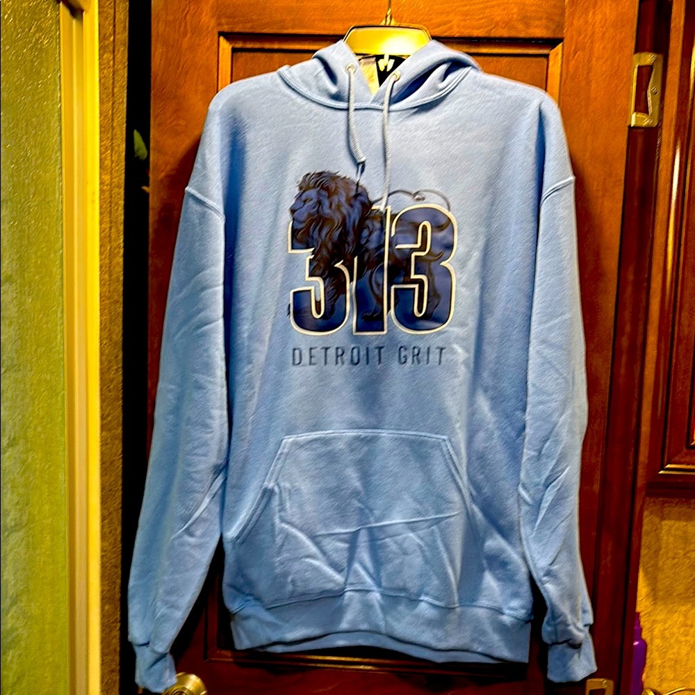 Light Blue Pullover Hoodie with Graphic Design